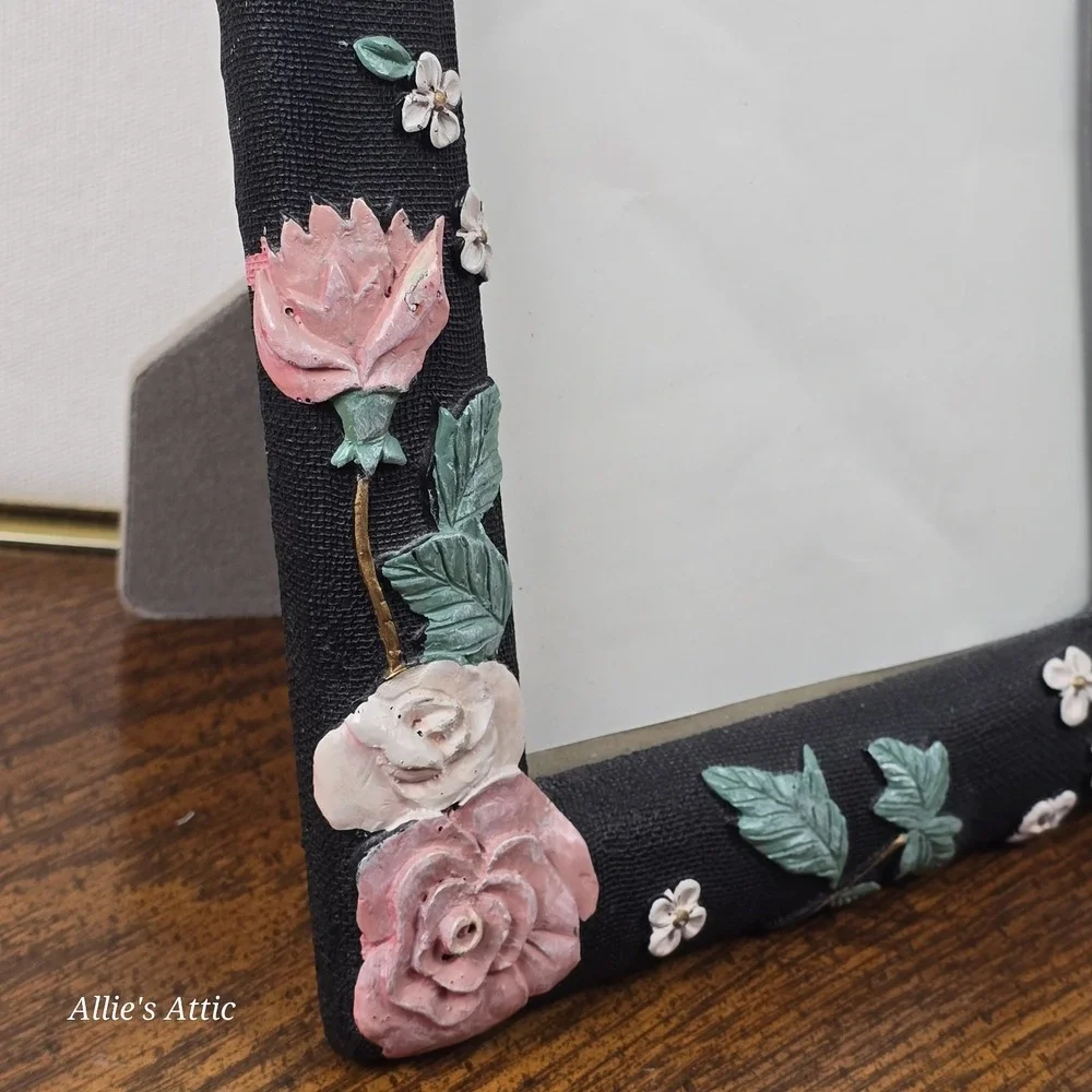 Vintage Black Floral Picture Frame Pink Roses White Flowers Floral Resin‎ 5x7